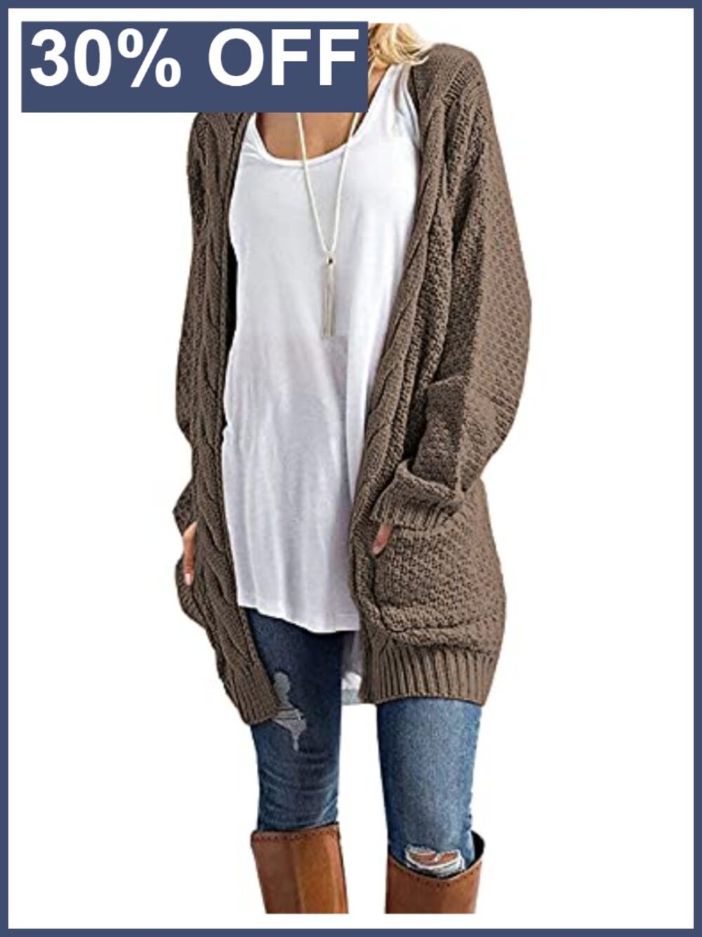 Womens Long Sleeve Cable Knit Cardigan Sweater with Pockets Loose Fit